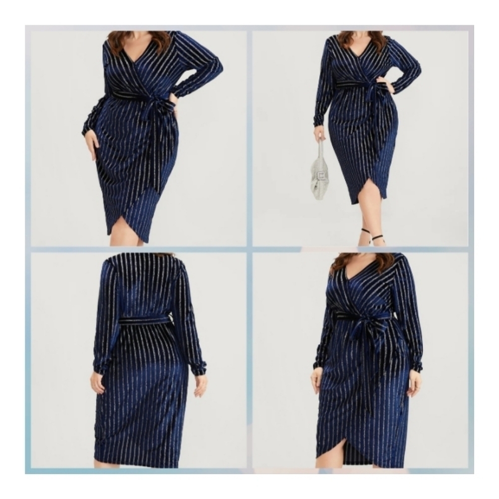 Bloomchic Glitter Striped Wrap Belted Velvet Midi Dress Size 18-20 NWT
